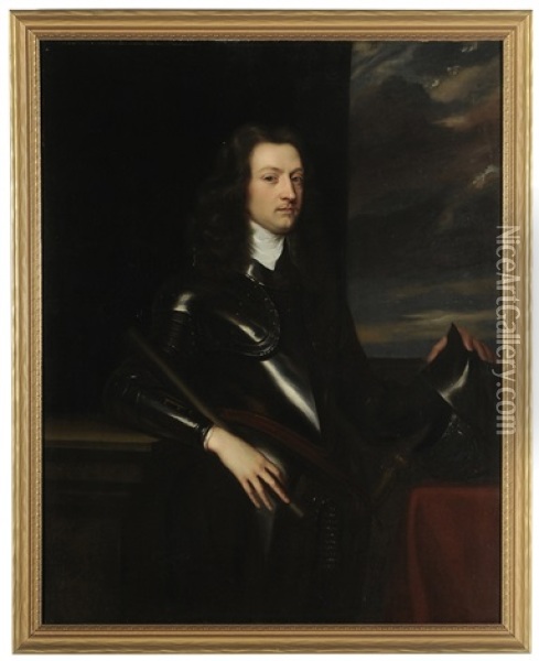 Portrait Of A Gentleman In Armour And Holding A Baton Oil Painting - Robert Walker