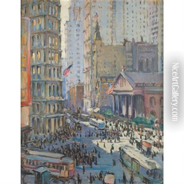 Fulton And Broadway With St. Paul's Church Oil Painting - Ruth A. (Temple) Anderson