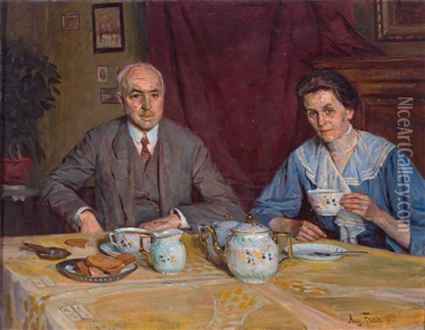 Portrait Des Ludwig Wratzfeld Und Seiner Frau Ida Am Kaffeetisch Oil Painting - August Frech