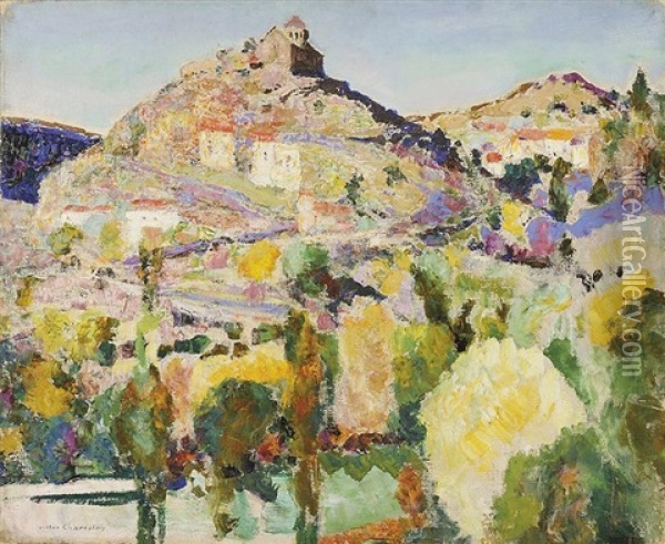 Village Sur La Colline, En Provence Oil Painting - Victor Charreton