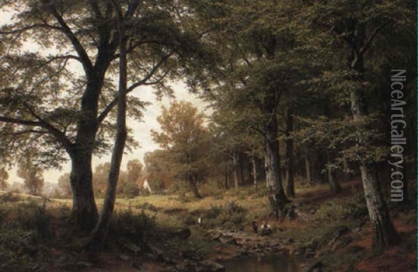 Children Playing By A Woodland Stream Oil Painting - Fritz Carl Werner Ebel
