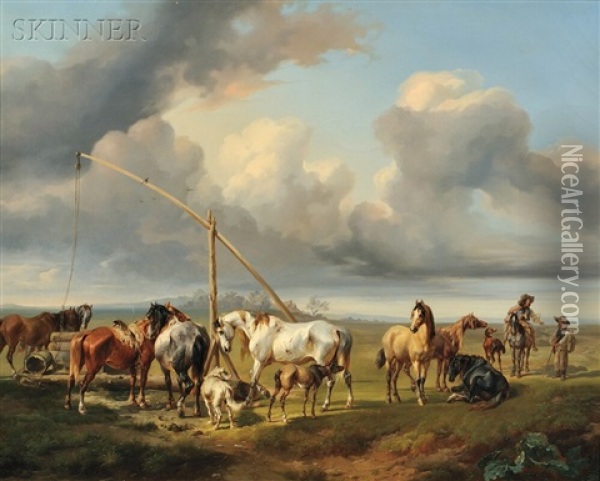 Horses Watering Oil Painting - Joseph Heicke