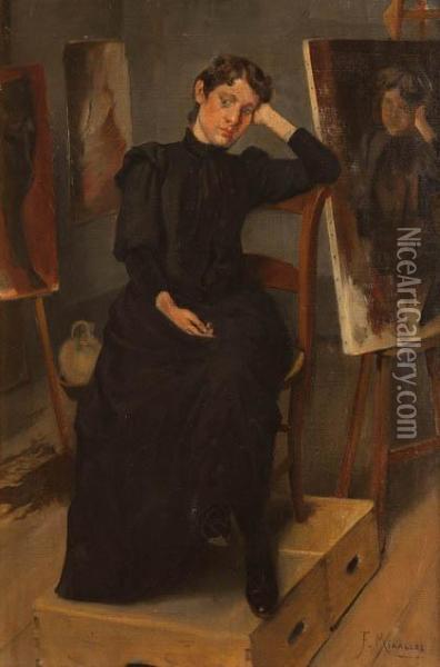 Retrato De Dama En El Estudio Del Pintor Oil Painting - Francisco Miralles Galup