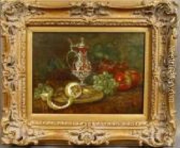 Fruit And Decanter On A Cloth-covered Table Oil Painting - August Laux