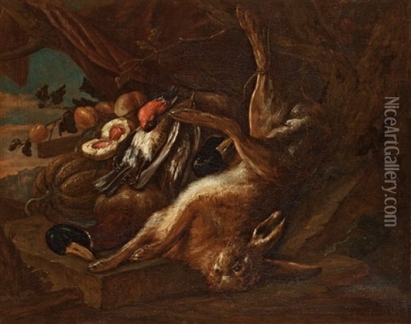 Still Life With Rabbit, Duck And Small Birds Oil Painting - Adriaen de Gryef