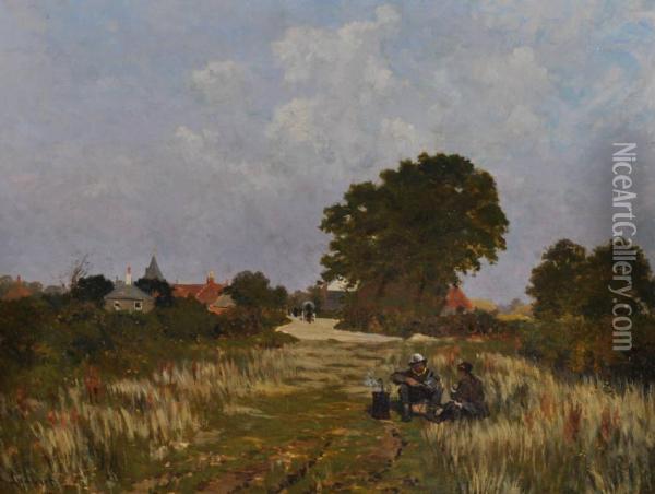 Travellers Resting On A Country Road Oil Painting - Clement Lambert