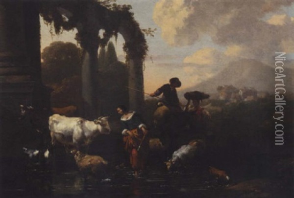 An Italianate Landscape With Maids And A Herder Tending Their Sheep And Cattle At A Watering-hole Oil Painting - Abraham Jansz. Begeyn