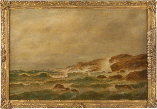 Stormy Seas Off A Rocky Coast Oil Painting - Peter F. Lund