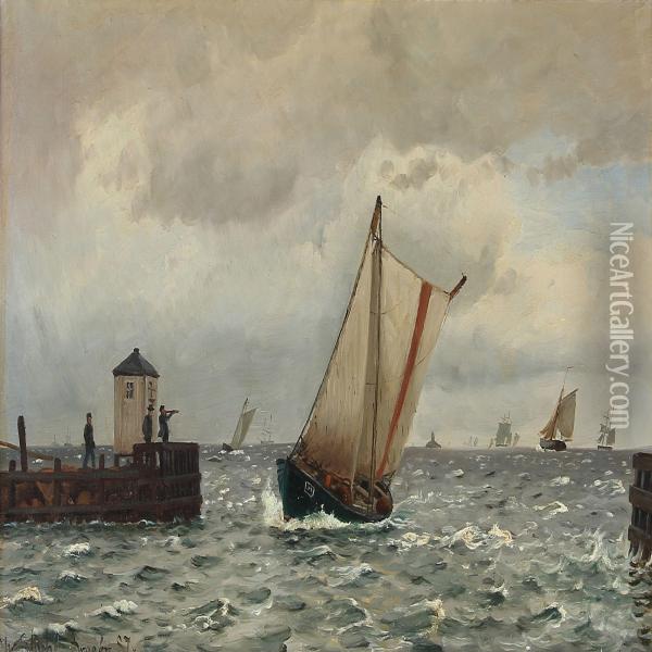 Harbour Scene From Dragor, Denmark Oil Painting - Christian Vigilius Blache