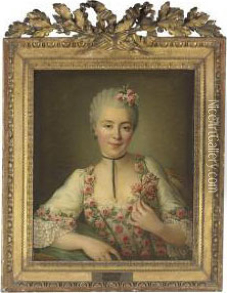 Portrait Of A Lady Said To Be Mlle. Dore, Half-length, In A Whitedress With Pink Roses Oil Painting - Francois-Hubert Drouais