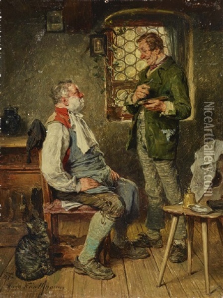 At The Barbers Oil Painting - Hugo Wilhelm Kauffmann