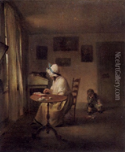 Frau Am Fenster Auf Einem Stuhl Bei Einem Tischchen Mit Buch Und Strickzeug Sitzend, Ein Knabe Im Hintergrund Oil Painting - Georg Karl Urlaub