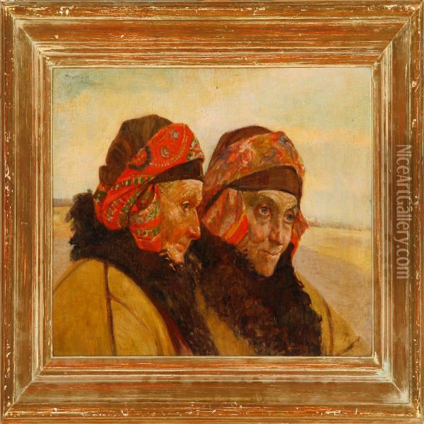 Two Slavonic Women Near A Village Road Oil Painting - Vincent Plesnivy