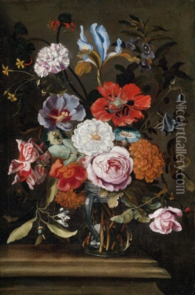 Ein Blumenstraus Mit Iris, Nelke, Aster, Orangenblute, Wicken Und Rosen In Einem Glasernen Henkelkrug Oil Painting - Ferdinand Brueghel