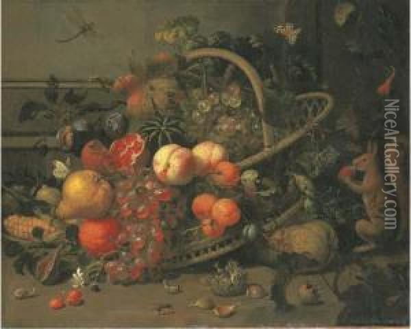 Apricots, Peaches, Plums, A 
Pomegranate, A Watermelon, An Orange, A Pear And Corn In A Basket, With 
Cherries, Chestnuts, Snails, A Bee, A Squirrel And A Dragonfly Oil Painting - Jan Mortel