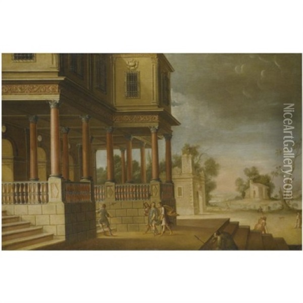 A Capriccio Landscape With Figures Returning To A Villa From The Hunt Oil Painting - Jose De Cieza