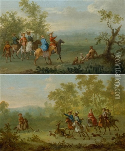 Pair Of Works: Equestrian Scenes Oil Painting - Franz de Paula Ferg