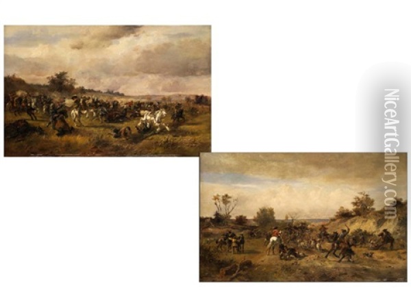 Reitergefecht (+ Fluchtende Bauern Werden Von Soldaten Uberfallen; Pair) Oil Painting - Alfred Ritter von Malheim Friedlaender