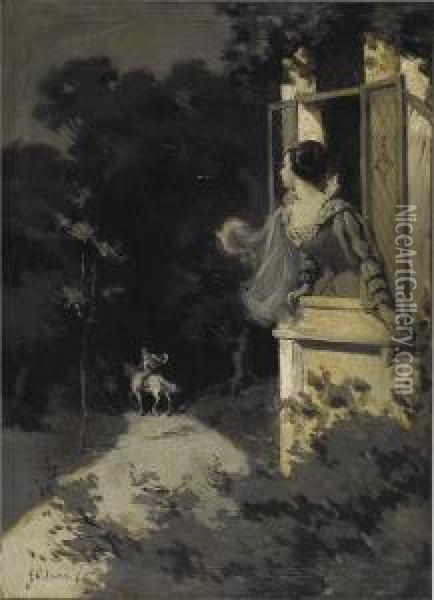 Woman In Window Oil Painting - John H. Vanderpoel
