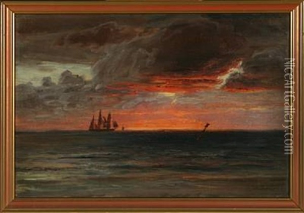 Seascape With Sailing Ships In The Sunset Oil Painting - Vilhelm Karl Ferdinand Arnesen