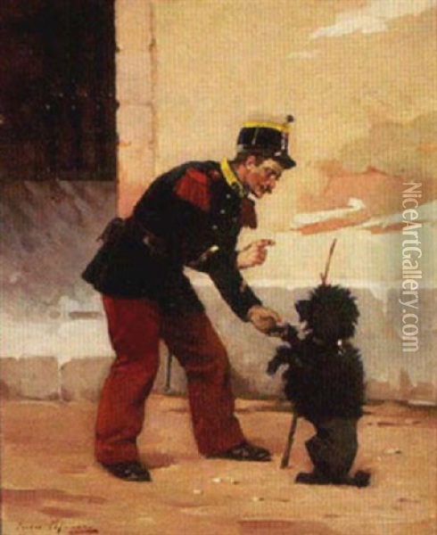 Une Recrue - The Sergeant At Arms Drills His Poodle Recruit Oil Painting - Jules Monge