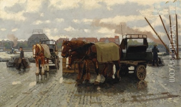 Horse-drawn Carts On A Quay Oil Painting - Gijsbertus Johannes Van Overbeek