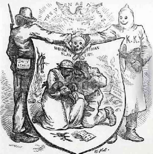 The White League and the Ku Klux Klan Worse than Slavery cartoon from Harpers Weekly 1874 Oil Painting - Thomas Nast