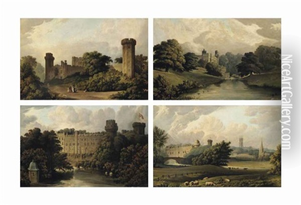 Warwick Castle Viewed From Four Perspectives (a Set Of Four) Oil Painting - Richard Bankes Harraden