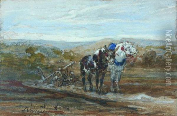 Deux Chevaux De Labour Tirant Une Charrue. Oil Painting - Jules Jacques Veyrassat