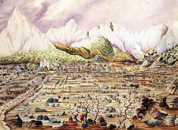 Invasion of Tibet by the Nepalese in the Town of Keerung off the left or eastern bank of the BooriGurudee River May 1855 Oil Painting - Dr. H.A. Oldfield