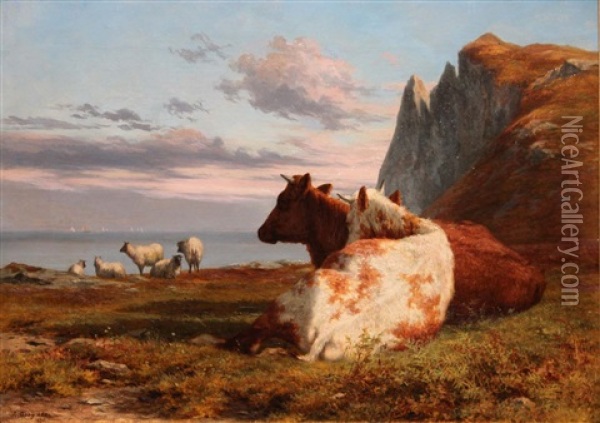 Cattle On The Hill, Howth, Co Dublin Oil Painting - Alfred Grey