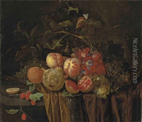 An Open Pomegranate, Peaches, Grapes, Berries, A Pear And Clementines, With Insects On A Partly Draped Stone Ledge Oil Painting - Abraham Mignon