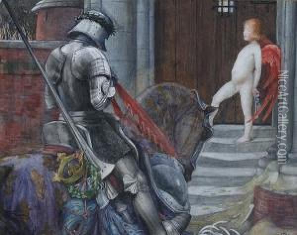 A Knight And Cupid Before A Castle Door Oil Painting - Eleanor Fortescue Brickdale