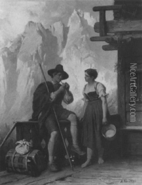 Junges Paar Vor Der Almhutte Oil Painting - Albert Kindler