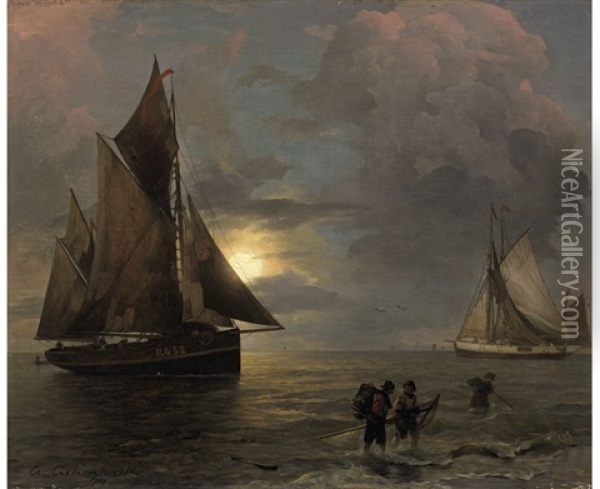 A Coastal Landscape With Sailing Ships By Moonlight Oil Painting - Andreas Achenbach
