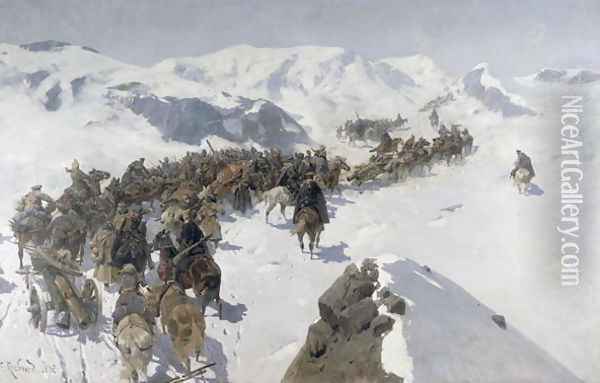Count Argutinsky crossing the Caucasian Range, 1892 Oil Painting - Franz Roubaud