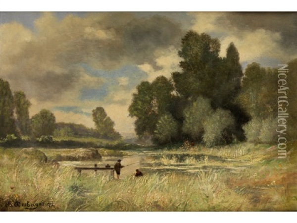 Moorlandschaft Mit Zwei Anglern An Einem Holzsteg Oil Painting - Charles Felix Edouard Deshayes