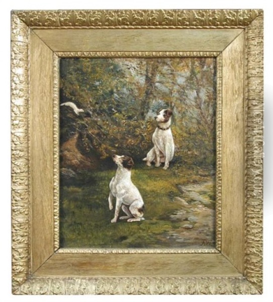 Terriers And A Stoat In Ermine Oil Painting - Alfred Wheeler