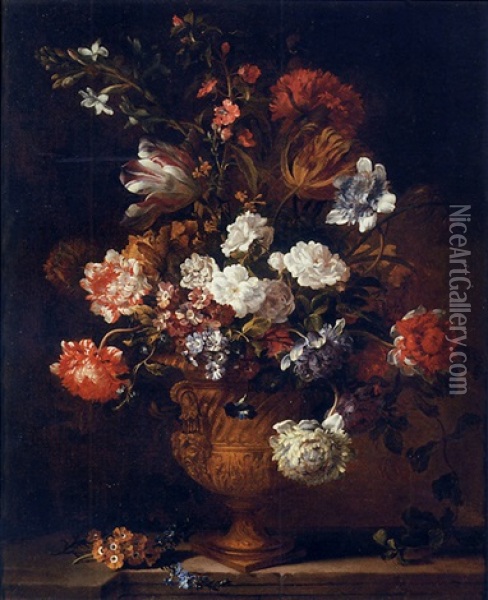 Parrot Tulips, Crysanthemums, Primroses, Morning Glory And Other Flowers In A Sculpted Urn On A Stone Ledge Oil Painting - Jean-Baptiste Monnoyer