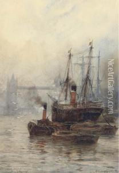 Shipping Before Tower Bridge; And London Bridge Oil Painting - William Harrison Scarborough