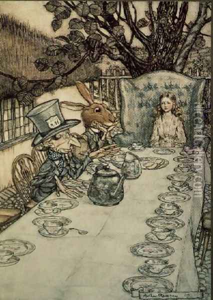 The Mad Hatters Tea Party, illustration to Alices Adventures in Wonderland by Lewis Carroll 1832-98, 1907 Oil Painting - Arthur Rackham