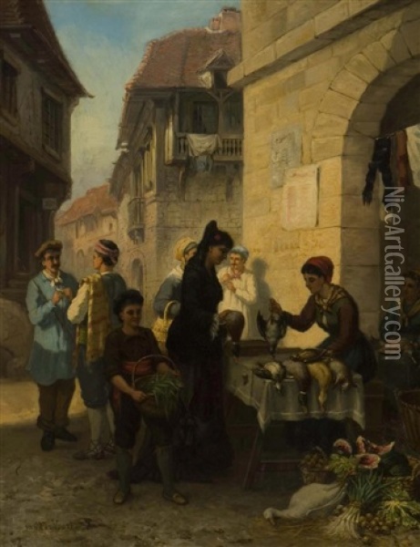 The Poultry Stall Oil Painting - Herman J. Van Der Voort In De Betouw