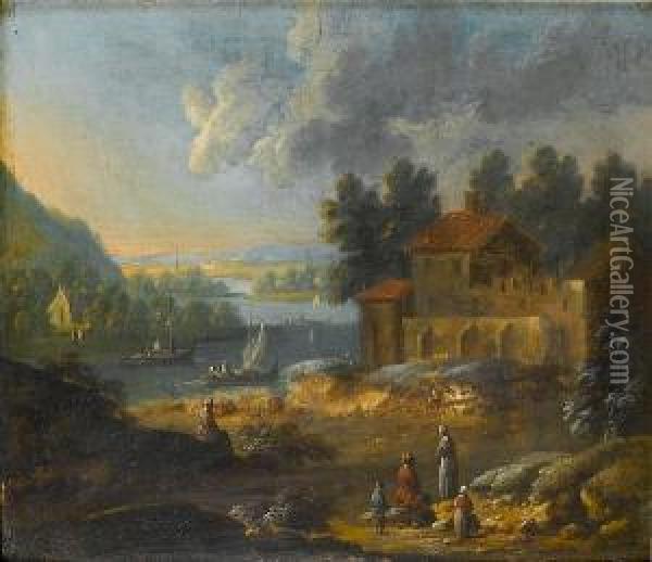 A River Landscape With Figures At The Entrance To A Walled Village; And A River Landscape With Figures Resting Beside A Country Path Oil Painting - Monogramme: M.B.