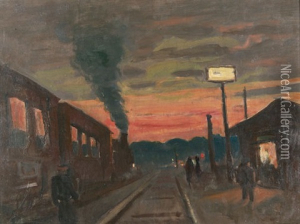 Vorortbahnhof Im Abendrot Oil Painting - Hans Reinhold Lichtenberger