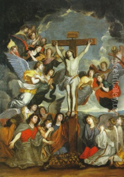 Le Christ En Croix Entoure D'anges Oil Painting - Charles Le Brun