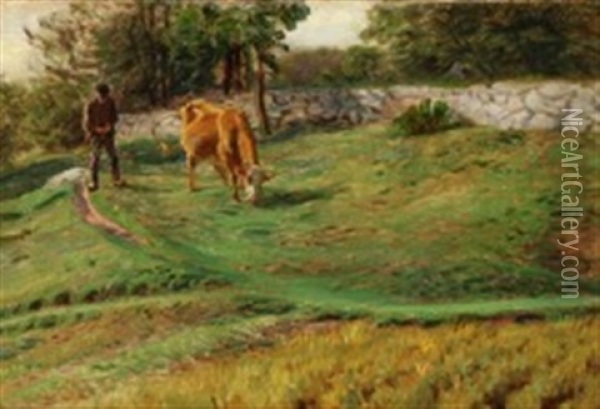 A Peasant And His Cow Oil Painting - Joakim Frederik Skovgaard