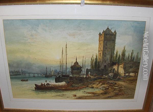 Capriccio River Landscape, With 
Arch Bridge, Shipping And A Medieval Tower In The Foreground Oil Painting - Paul Marny