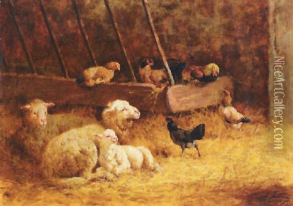 Moutons Et Poules Dans L'etable Oil Painting - Charles Emile Jacque