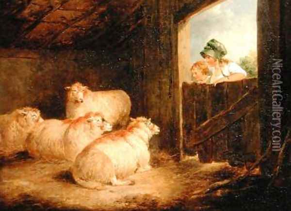 Two Girls Observing Sheep in a Barn Oil Painting - George Morland