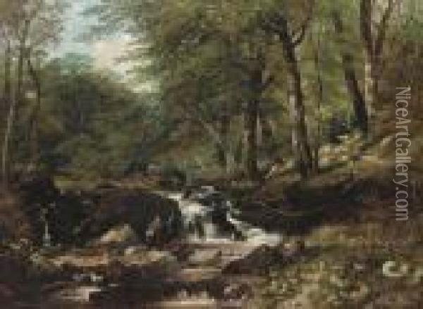 An Angler In A Wooded Landscape Oil Painting - Thomas Creswick